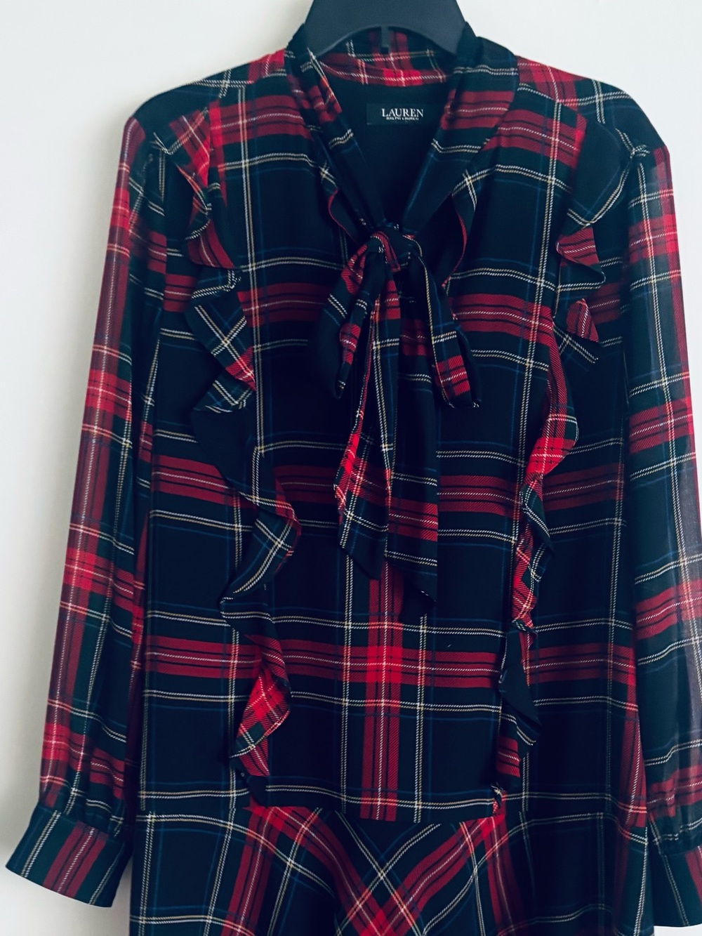 Ralph Lauren Red and Black Plaid Ruffle Tie-Neck Long Sleeve Dress